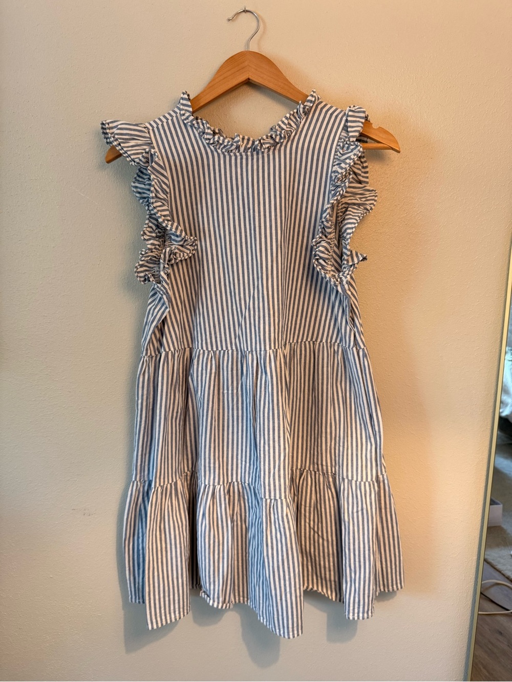 Mud Pie Blue Stripe Ruffle Tiered Dress bow tie back Cottagecore beach vacation